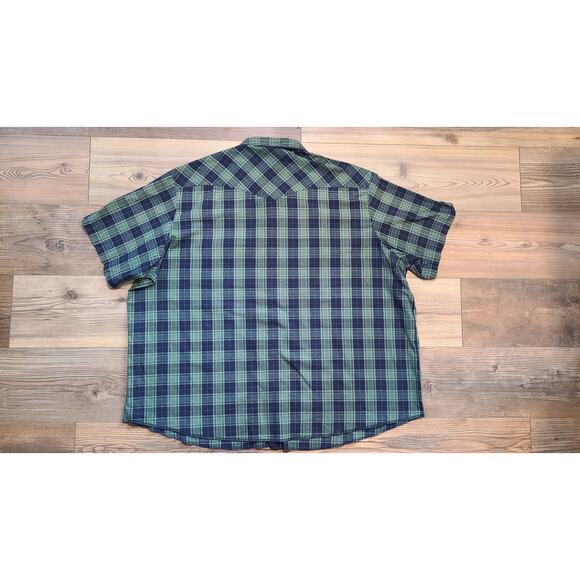 Wrangler Button Down Plaid Shirt Mens 3X Green Blue Short Sleeve Pearl Snap - Picture 2 of 6